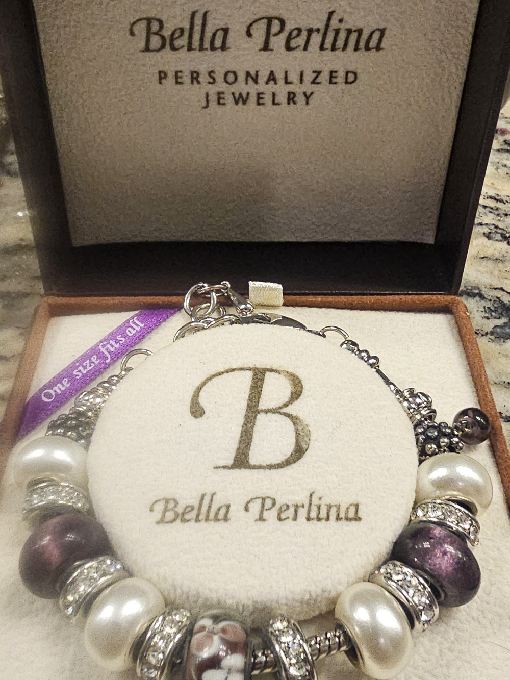 bella Perlina Pearl and Purple Beaded Charm Bracelet